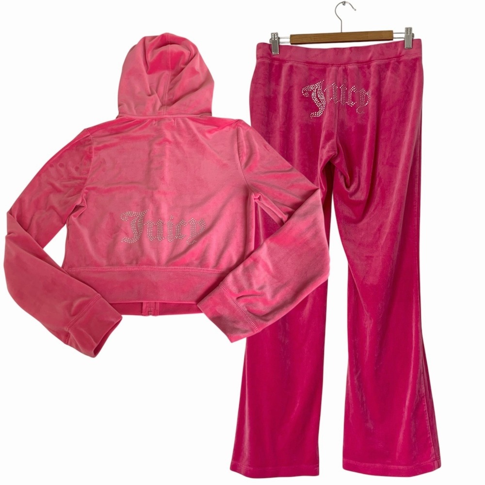 Vintage Juicy Couture Tracksuit M Pink Velour Rhinestone Logo Y2K McBling Set